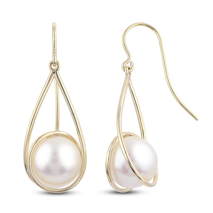 Freshwater Cultured Pearl Drop Earrings 14K Yellow Gold | Jared Teardrop Pearl Pendant Earrings For Formal, Formal Teardrop Pearl Pendant Earrings, Formal Teardrop Earrings With Pearl Charm, Teardrop Akoya Pearl Drop Earrings, Akoya Pearl Drop Teardrop Earrings, Formal Teardrop Pearl Earrings With Elegant Design, Formal Pear-shaped Pearl Earrings With Ear Wire, Modern White Gold Teardrop Pearl Earrings, Modern Teardrop Pearl Earrings For Formal Occasions