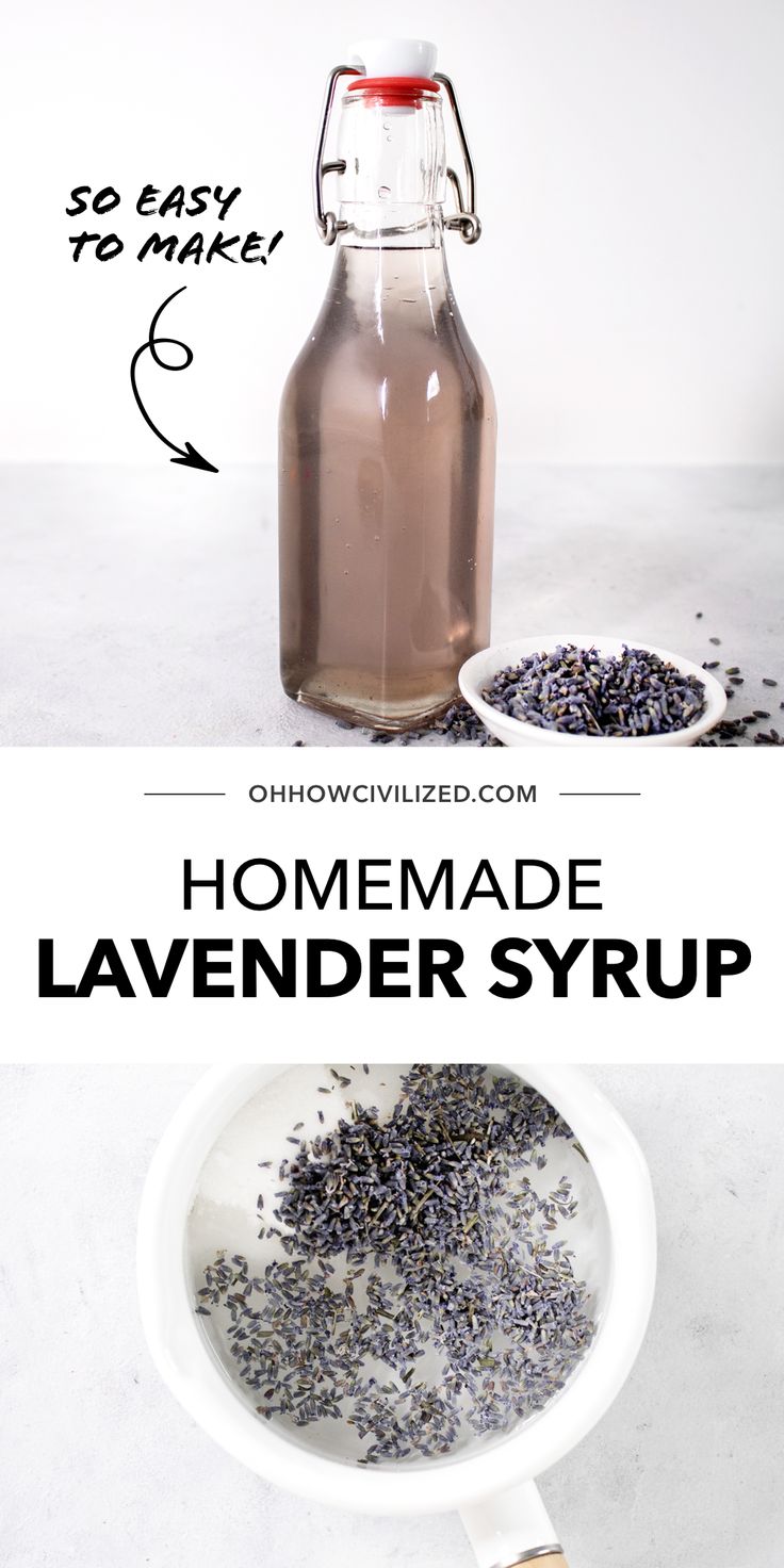 lavender syrup in a white bowl next to a bottle of lavender syrup on a spoon