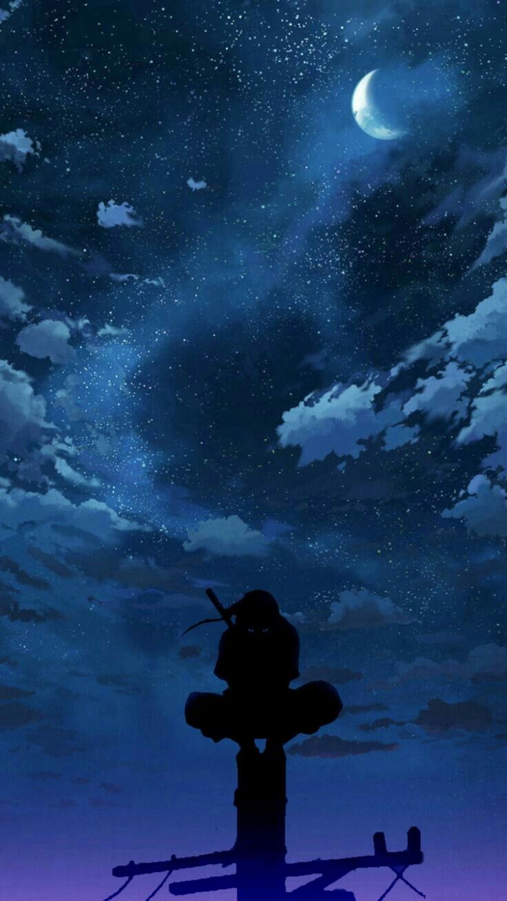 the silhouette of a person sitting on top of a bench under a night sky with stars and clouds