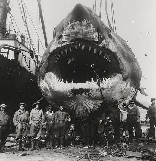 a group of men standing next to a large shark