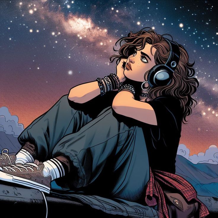 a woman with headphones sitting on the ground next to a sky full of stars