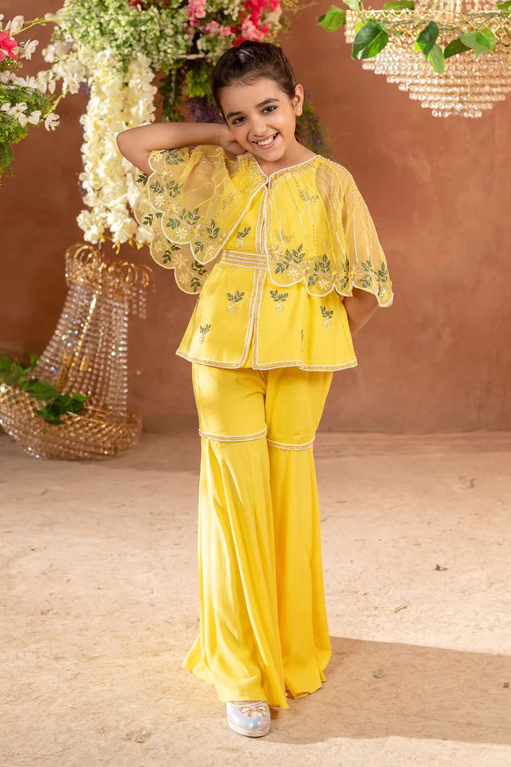 Kids Indo Western Outfits, Kids Sharara Designs, Cape Sharara, Yellow Sharara, Western Kids, Organza Cape, Haldi Dress, Cape Set, Embroidered Cape