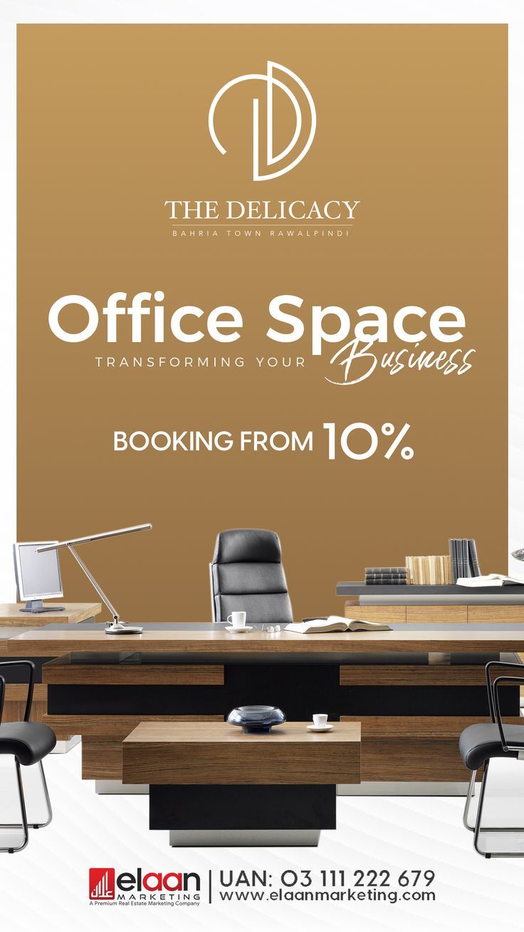 an advertisement for the delicacy office space and business center, with chairs around a desk