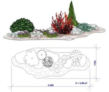 an image of a garden with plants and rocks on it's sides, along with the measurements for each plant