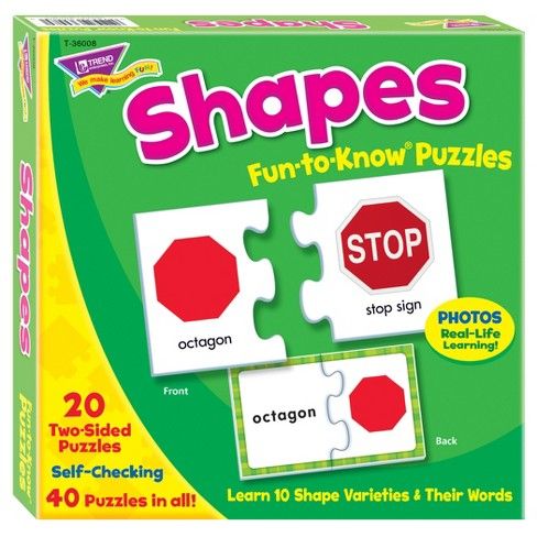 a box of shapes puzzles with the words fun to know puzzles on it's front