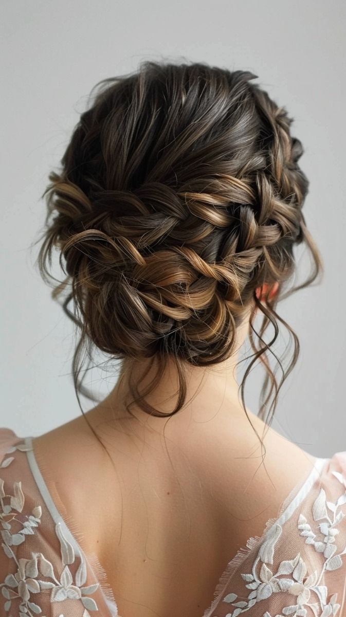 the back of a woman's head with braids and flowers in her hair