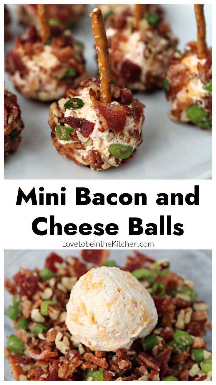 mini bacon and cheese balls on a plate with text overlay that says mini bacon and cheese balls