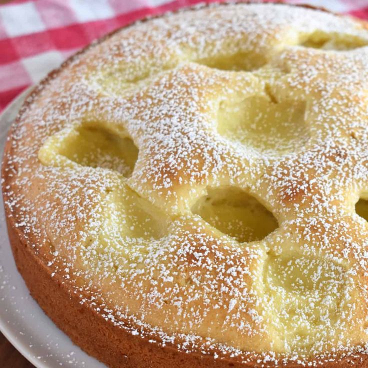 a cake with powdered sugar on top sits on a plate next to a red and white checkered tablecloth