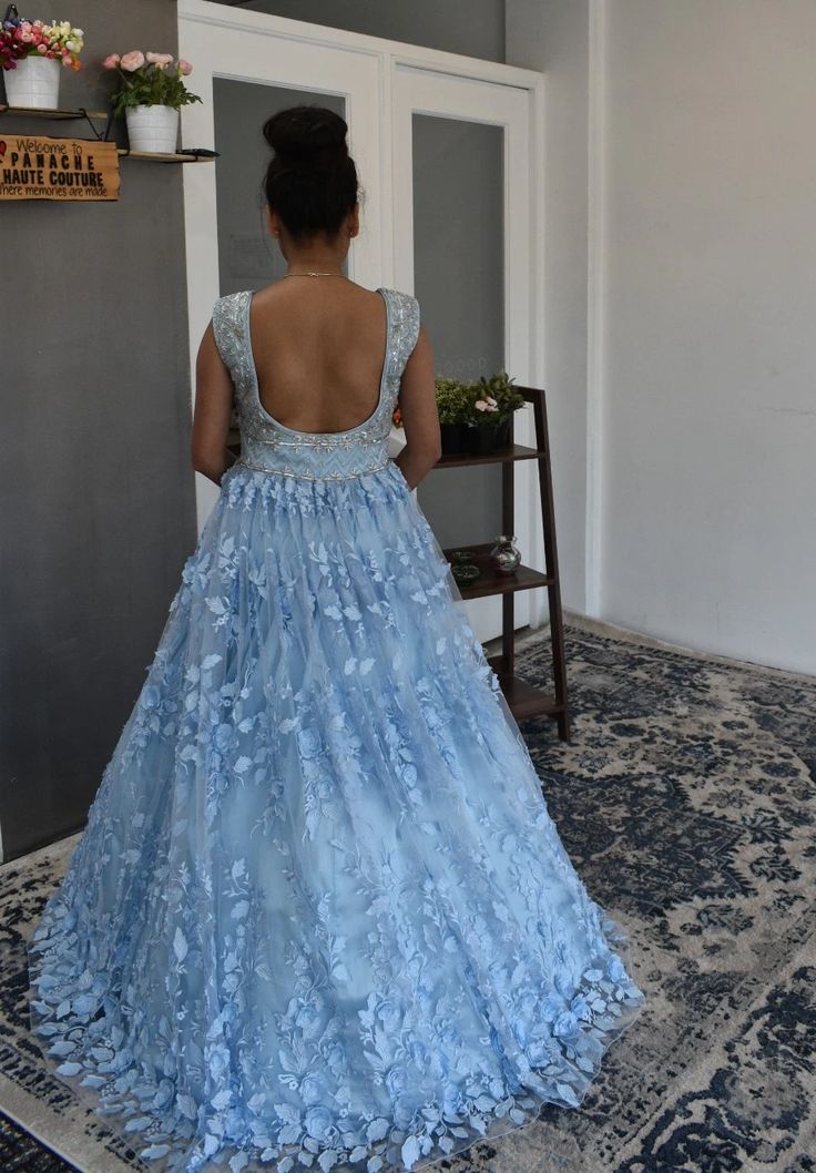 Astonishing powder blue color party-wear Gown – Panache Haute Couture Blue Color Gown, Indowestern Dresses, Indowestern Gowns, Western Gowns, Reception Gowns, Western Gown, Indo Western Gown, Powder Blue Color, Party Wear Gown