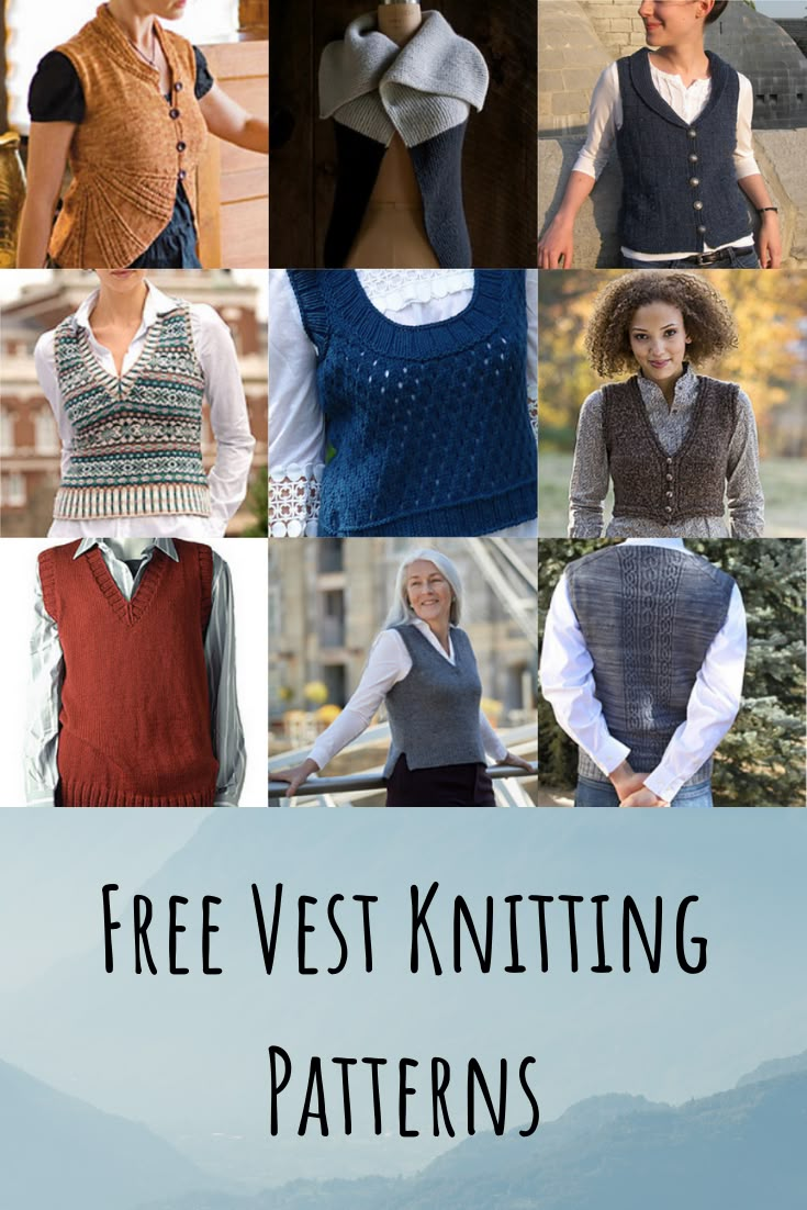 knitting patterns for vests and sweaters with text overlay that reads free vest knitting patterns