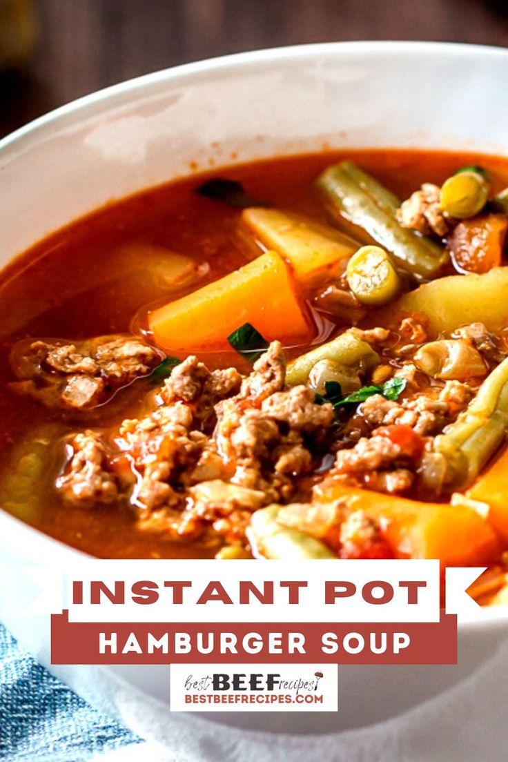 a bowl of instant pot hamburger soup with carrots, celery and beans