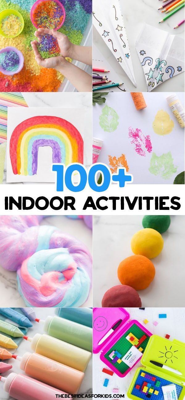 the words, 100 + indoor activities are shown in this collage with different pictures