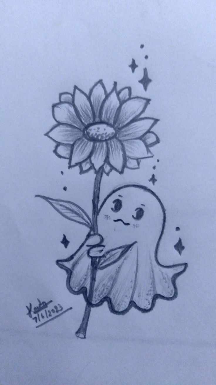 a drawing of a ghost holding a flower