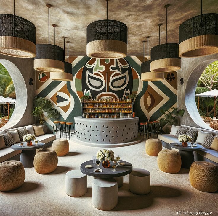 an artisticly designed lobby with circular seating