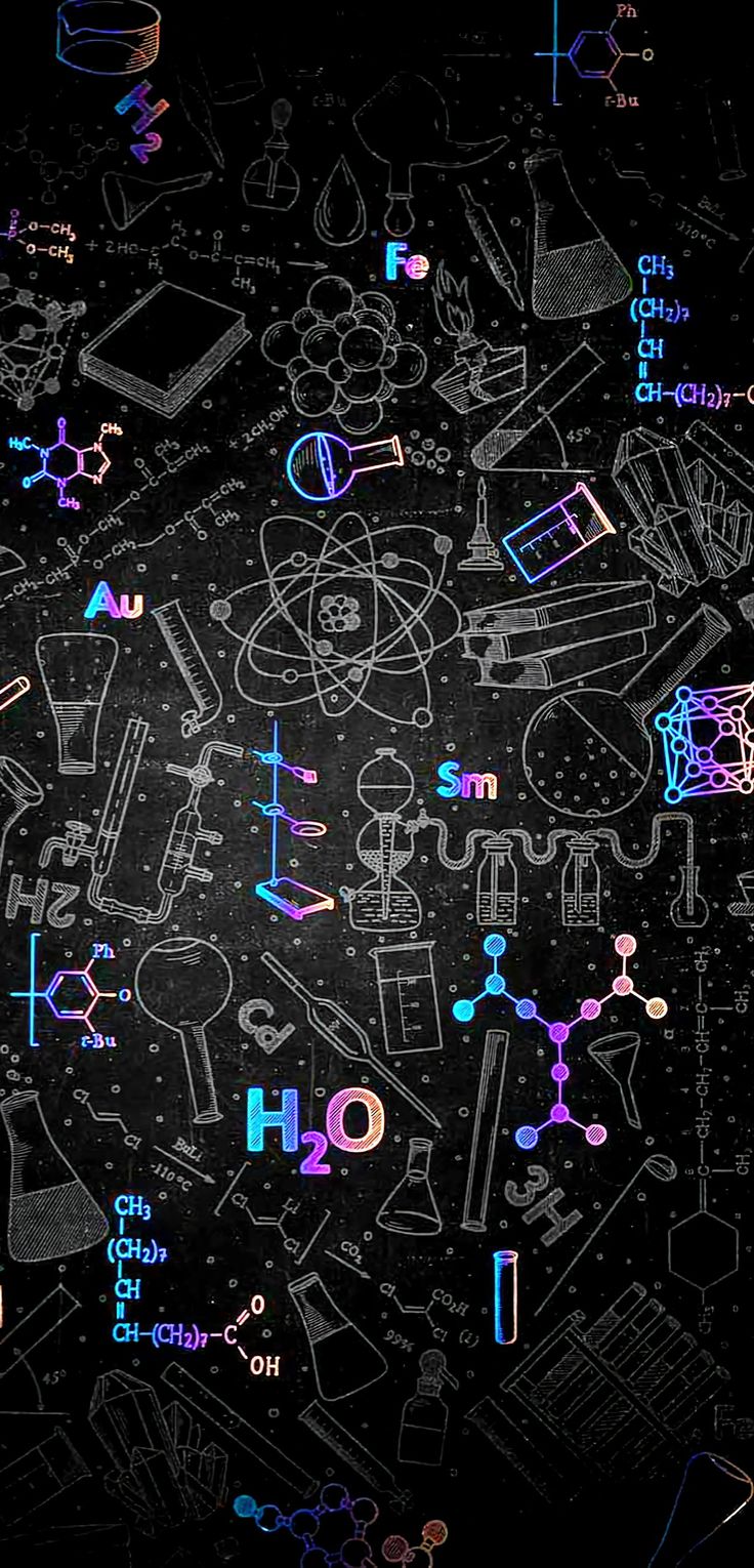 a black background with many different types of science related items and numbers on it, all in various colors