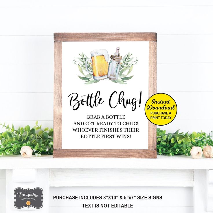 a sign that says bottle chug and two mugs on top of a mantle