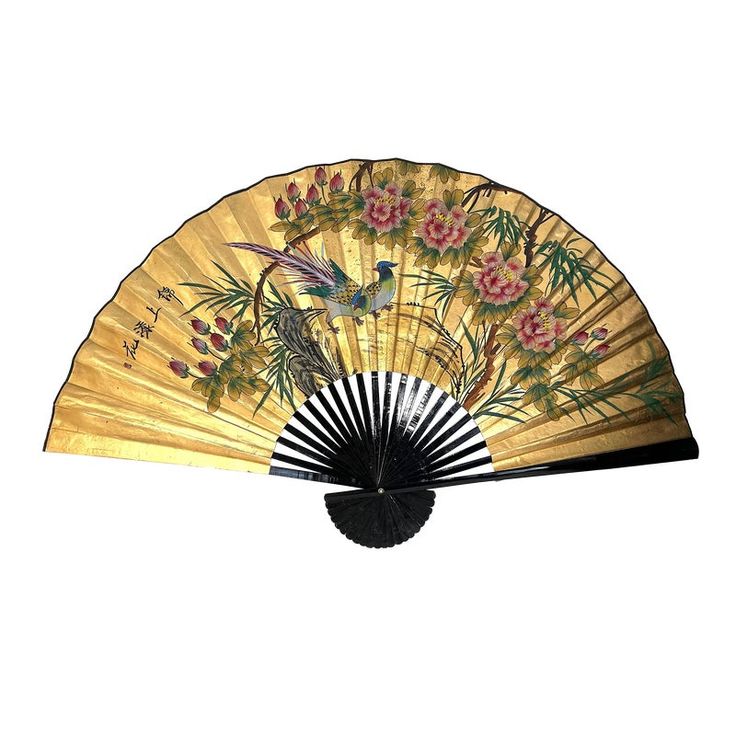 One of the largest hand painted Oriental fans we have seen spanning 5.5 feet across and 40" tall! This decorative golden wall fan is made from black lacquer, bamboo, paper and ink/paints and depicts a traditional Chinese scene of two exotic colourful long tailed phoenix birds perched on a rock amongst trees, red, pink and white chrysanthemums.  All carefully hand painted over a rich gold background. Signed in ink, top left by the artist, with his seal/chop. Original Chinese label with serial num Hanging Fans On Wall, Traditional Chinese Fan, Chinese Eyes, Phoenix Birds, Book Collage, Lacquered Walls, Chinese Fans, Chinese Wall, Painted Fan