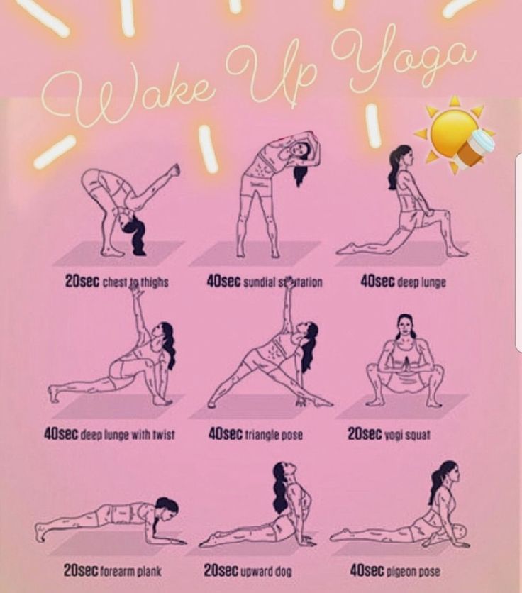 a woman doing yoga poses with the words wake up yoga above her and below her