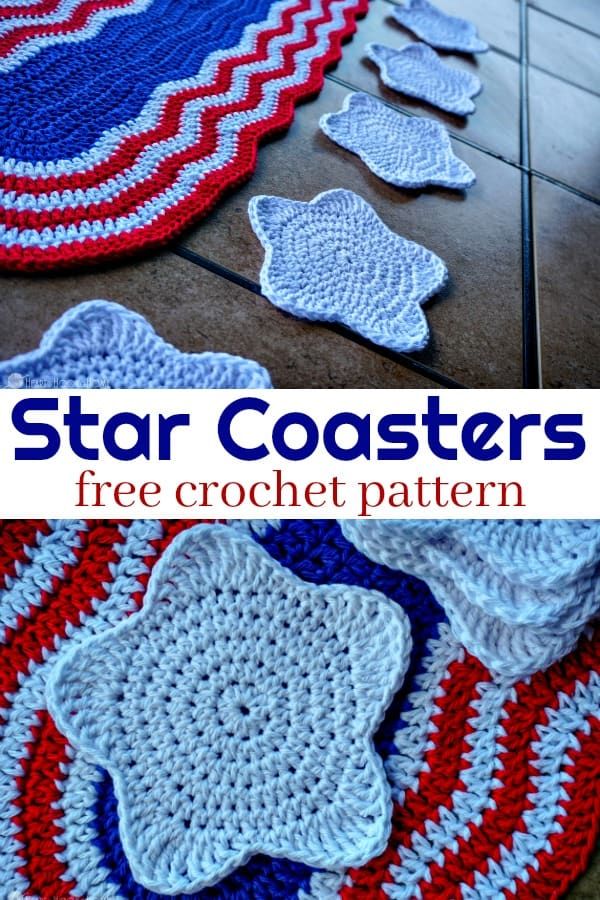 crocheted star coasters on the floor with text overlay