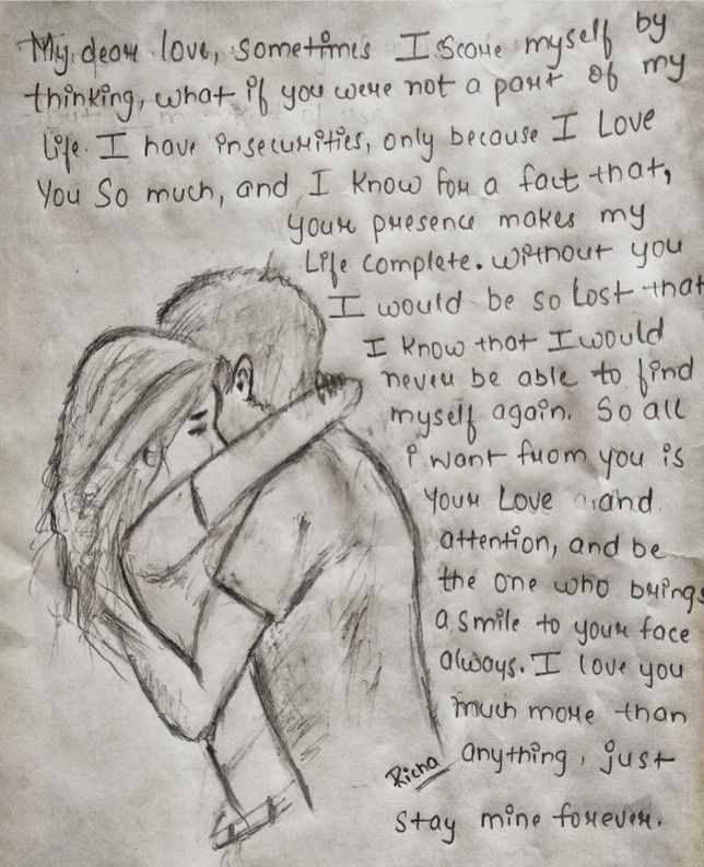 a drawing of two people hugging each other in front of a handwritten poem on paper