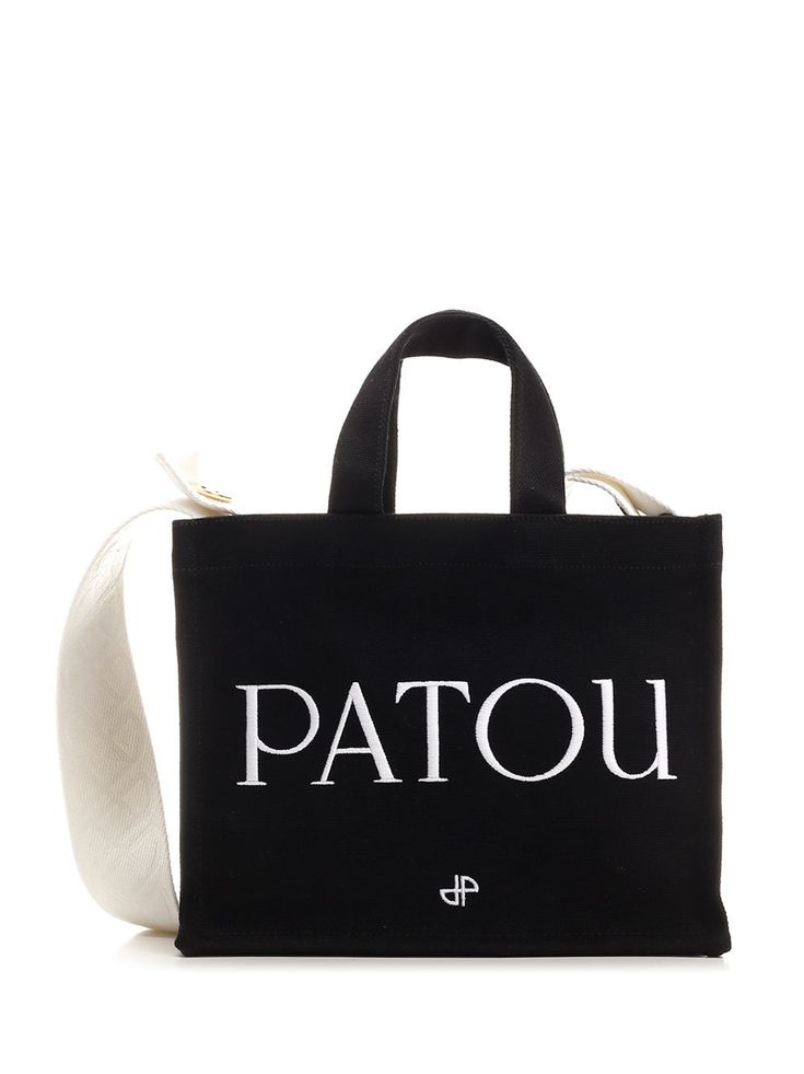 Small "Patou" tote bag in black organic cotton canvas from Patou, with Patou logo and JP monogram embroidered in white, white shoulder strap with JP logo and two Patou engraved gold buttons, double handle. Top Handle Bag With Embroidered Logo, Everyday Top Handle Bag With Embroidered Logo, Everyday Black Shoulder Bag With Embroidered Logo, Jp Logo, Woman Bags Handbags, Wallet Bag, Bag For Women, Tory Burch Shoes, Gold Buttons