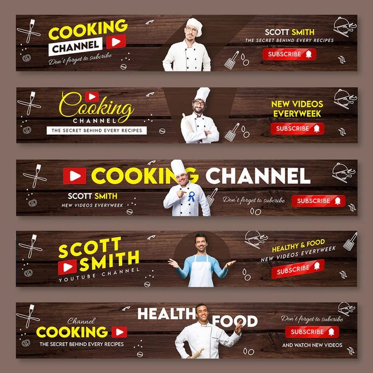 three banners for cooking channel with chefs on the front and back, both in black and white