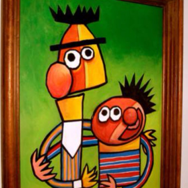 a painting of two cartoon characters on a green background