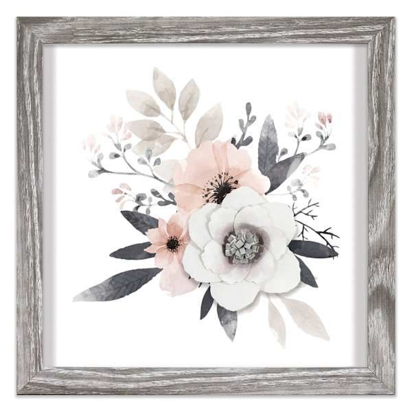 a white and pink flower with leaves on it in a gray wooden framed art print