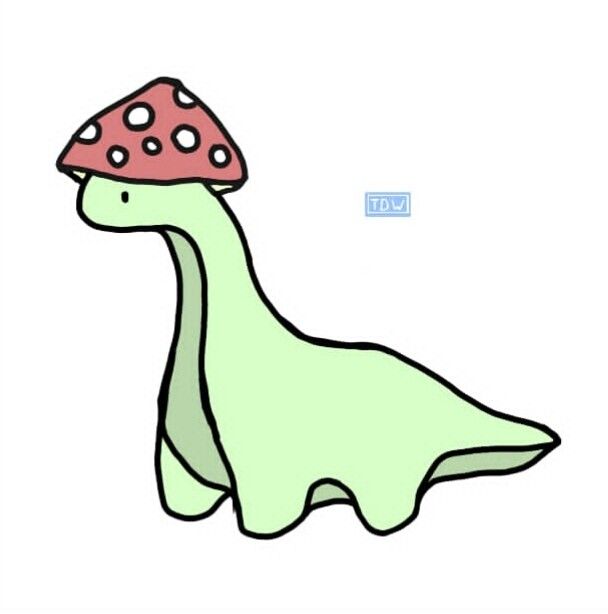 a drawing of a dinosaur with a mushroom on it's head, sitting down