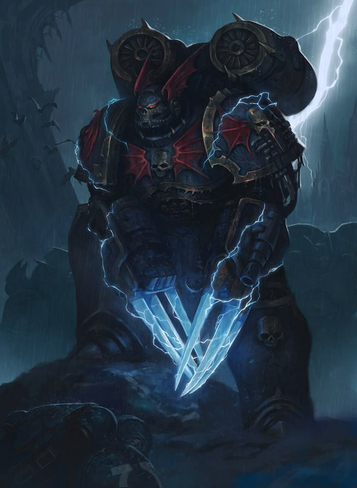 an image of a man in armor with lightning coming out of his chest and holding two swords