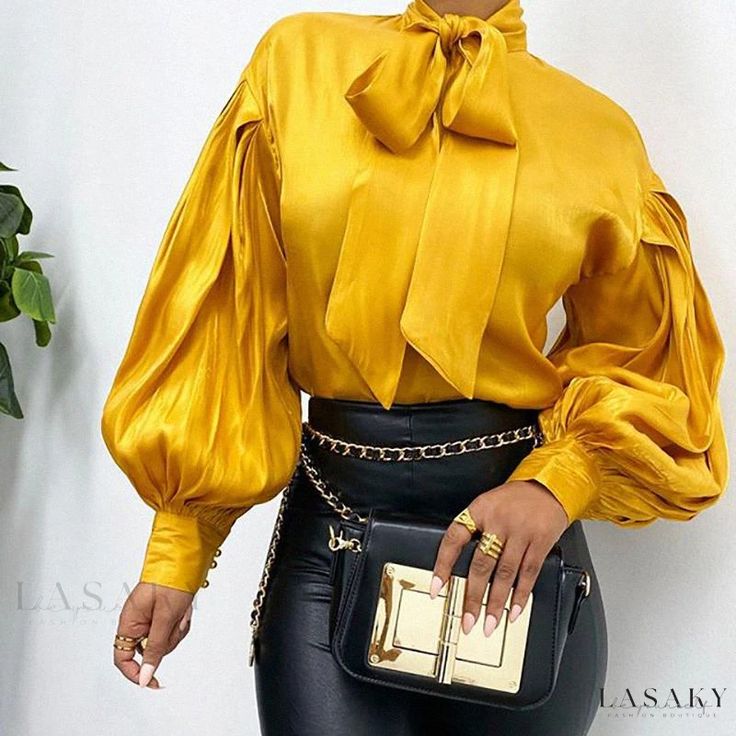 Lasaky - Stylish Retro Vintage Solid Color Long Sleeve Shirt Satin Blouse Shirts, Lantern Sleeved Blouses, Retro Tops, Crafty Mama, Streetwear Tops, Yellow Blouse, Spring Outfits Women, Solid Color Shirt, Women Blouses