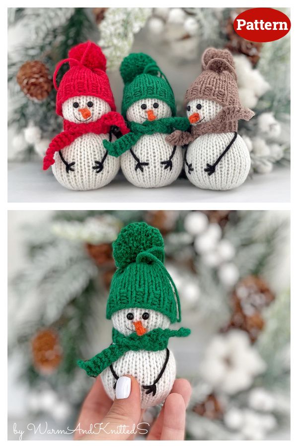 three knitted snowmen with hats and scarves