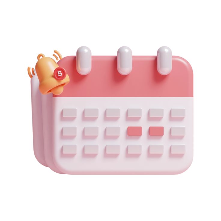 a pink and white calendar with bells on it