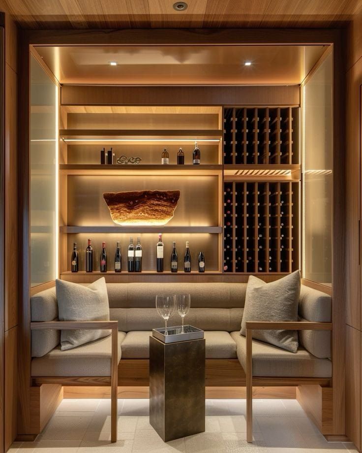 a wine cellar with two chairs and bottles