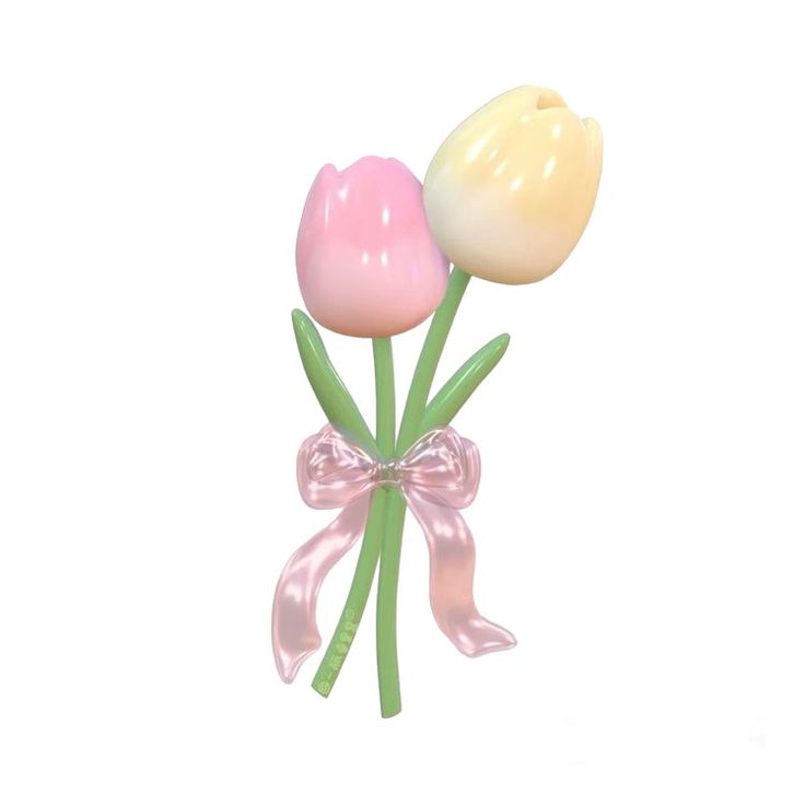 two tulips tied together with ribbon and bow on white background, one is pink and the other is yellow