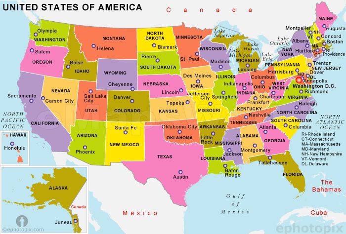 a map of the united states with all major cities and their respective name on it