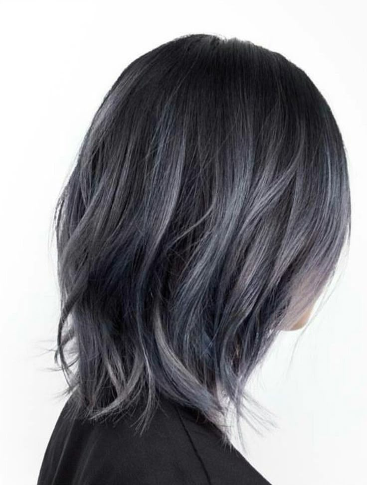 Grey Hair With Blue Streaks, Blue Grey Highlights On Dark Hair, Gunmetal Hair Color, Short Dark Grey Hair, Dark Gray Short Hair, Blue Gray Highlights On Dark Hair, Dark Grey Hair Dye, Dark Silver Hair, Charcoal Hair