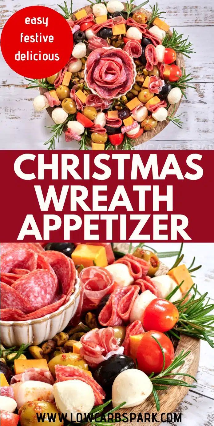 christmas wreath appetizer with meats and vegetables