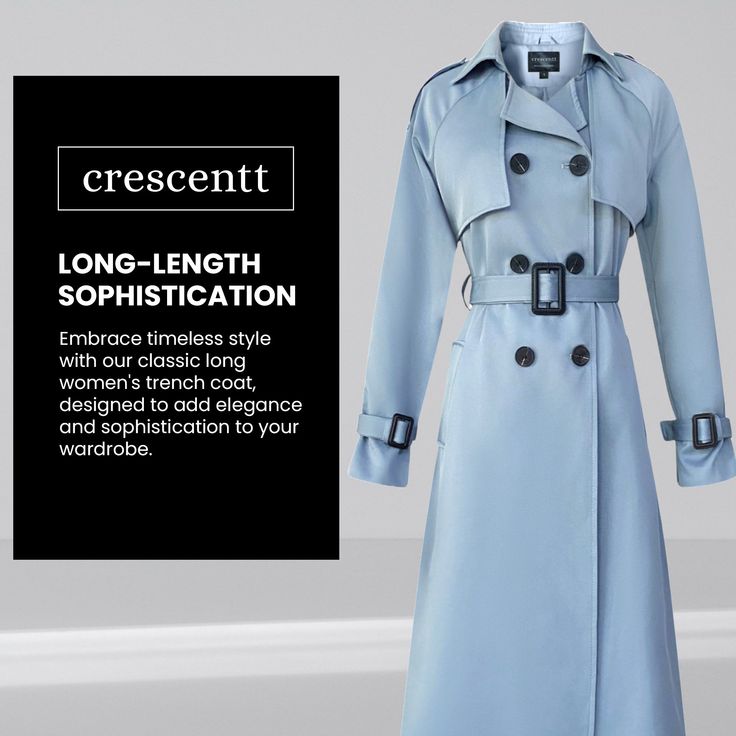 Material Composition: 90% polyester, 10% cottonColor: Pacific BlueFeatures: Windproof, water-repellent, long, elegant, classy Crescentt's Elegant Long Trench Coat in Pacific Blue Elevate your outerwear with our elegant, long trench coat in Pacific Blue. Perfect for the sophisticated woman, this trench coat combines functionality with a touch of timeless class. Material Composition: Crafted from a blend of 90% polyester and 10% cotton, this coat provides the perfect balance of durability and comf Modern Spring Workwear Raincoat, Formal Blue Belted Outerwear, Modern Blue Spring Outerwear, Fitted Long Sleeve Raincoat For Spring, Classic Outerwear For Rainy Season, Chic Raincoat For Workwear, Fitted Blue Belted Outerwear, Blue Rainy Season Outerwear With Pockets, Long Coat For Workwear In Rainy Season