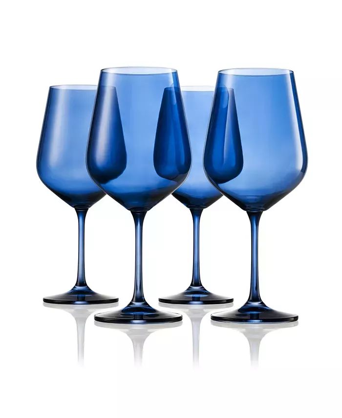 three blue wine glasses sitting next to each other