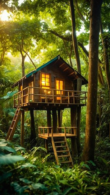 a tree house in the woods with stairs leading up to it and trees surrounding it