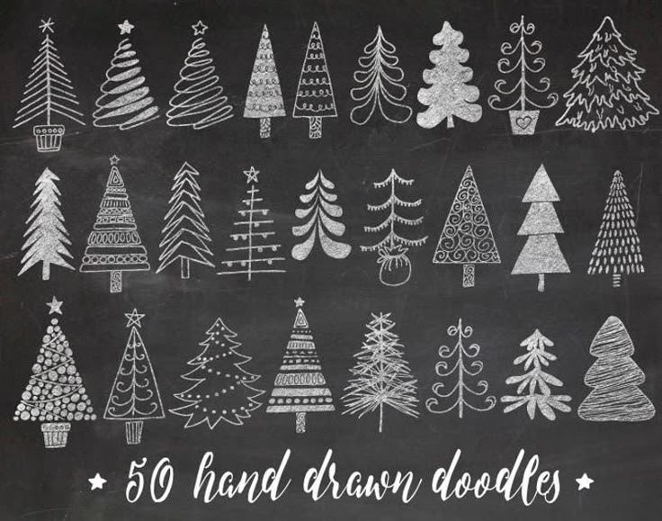 chalk drawing christmas trees on a blackboard with the words, hand drawn doodles