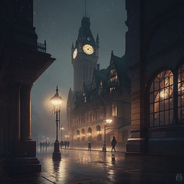 a clock tower towering over a city street at night with people walking on the sidewalk