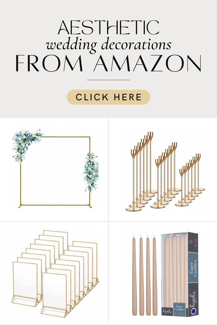 an assortment of wedding decorations from amazon with text overlay that reads, aesthetic wedding decorations from amazon click here