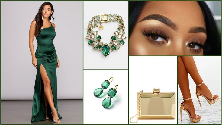 Gold Jewelry With Green Dress, Emerald Green Dress Gold Accessories, Jewelry With Green Dress, Dark Green Prom Dress, Prom Dress Gold, Gold Ball Gown, Emerald Green Gown, Emerald Green Prom Dress, Forest Green Dresses