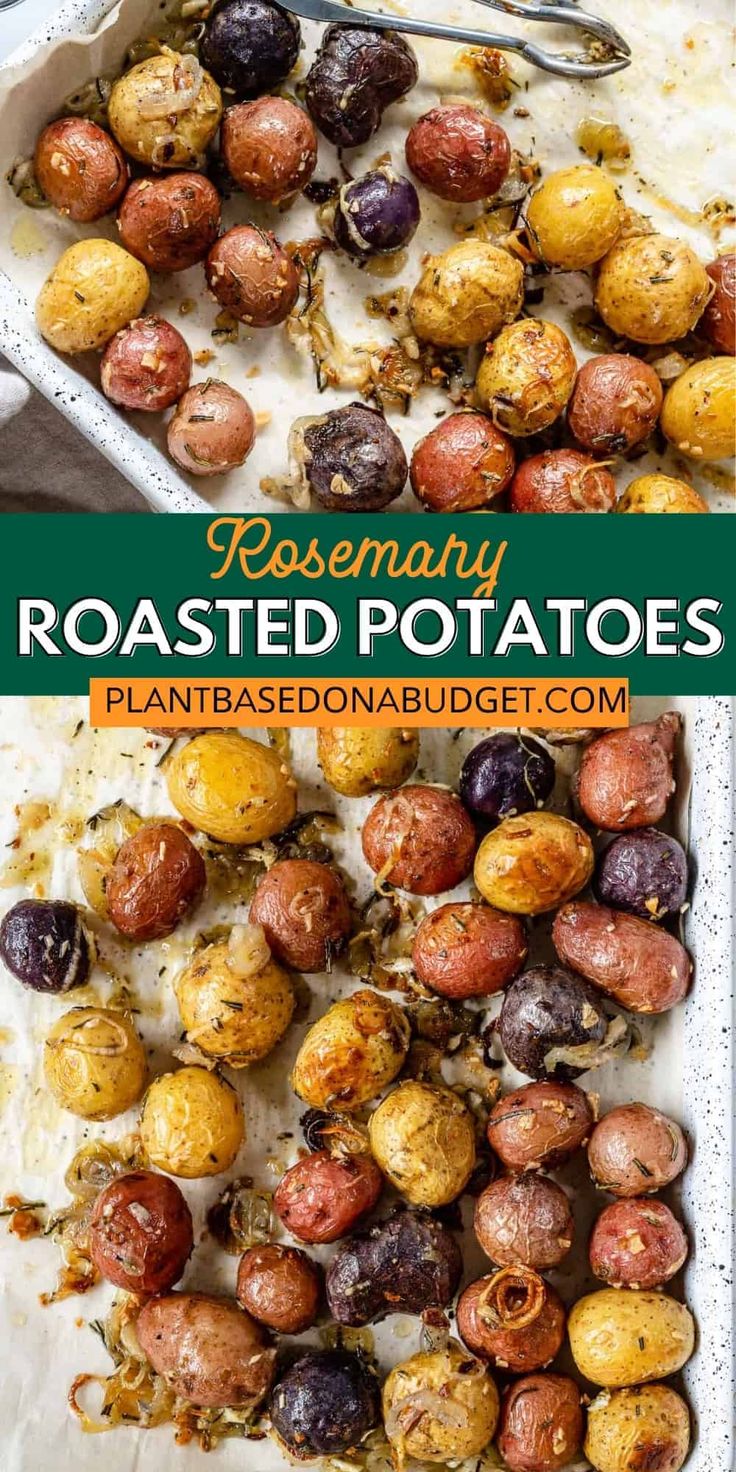 roasted potatoes in a baking pan with text overlay that reads, rosemary roasted potatoes