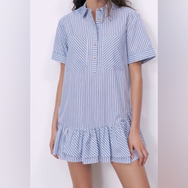 New With Out Tags Zara Short Sleeved, Collar Mini Shirt Dress With Flared Ruffles At Bottom, Asymetrical At The Bottom. Has Two Pockets. Light Material And Somewhat See Thru And Has A Uniform Texture. Has Functional Buttons. Color:Blue, White, Grey Striped Design. Measurements: (Tag Says Xl) Ptp: About 22 Inches Shoulder To Shoulder: About 19 Inches Neck To Shoulder: About 6.5 Inches Shoulder To End Of The Sleeve: About 10.5 Inches Length: (Shoulder To End Of Dress) About 30 Inches Waist About 2 Cotton Shirt Dress With Ruffles For A Day Out, Cotton Mini Shirt Dress With Ruffles, Casual Mini Dress With Short Sleeves And Ruffle Hem, Casual Collared Dress With Ruffle Hem, Casual Mini Dress With Ruffle Hem For Daytime, Casual Cotton Ruffles Shirt Dress, Casual Collared Dress With Ruffles, Casual Collared Dresses With Ruffles, Casual Cotton Shirt Dress With Ruffles