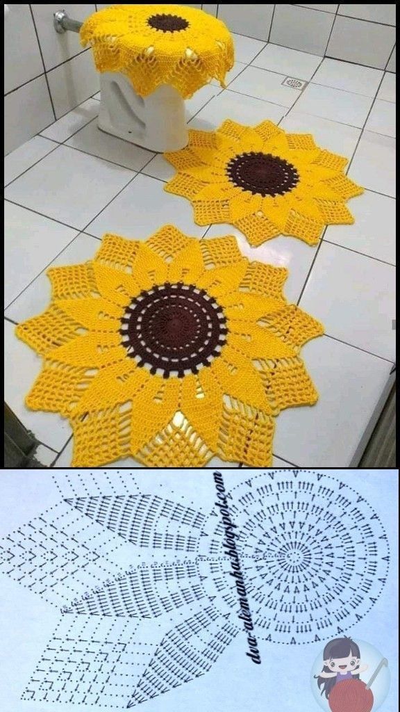 crocheted sunflower rugs on the floor and in front of a toilet