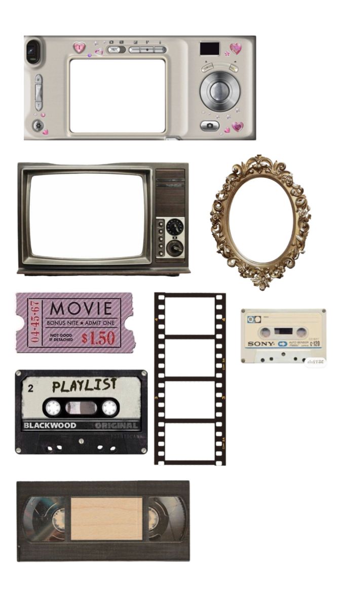 an old fashioned camera and other items are arranged in the shape of a photo frame