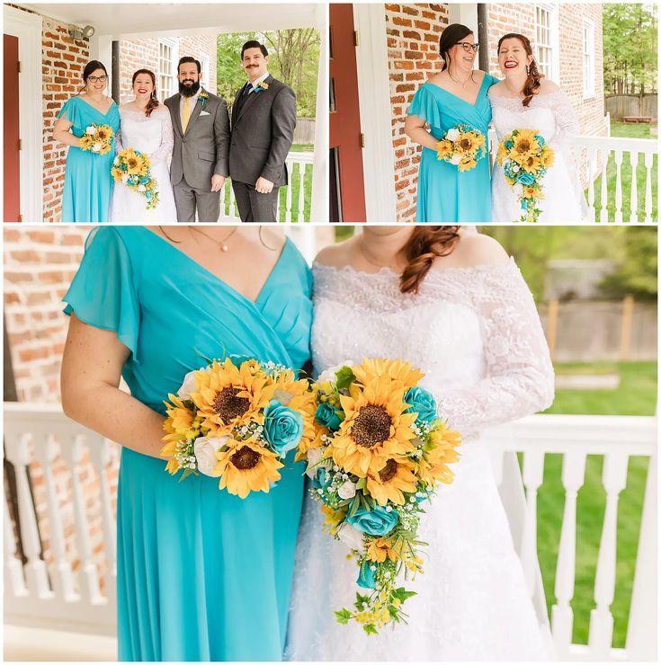 the bride and groom are posing for pictures with sunflowers